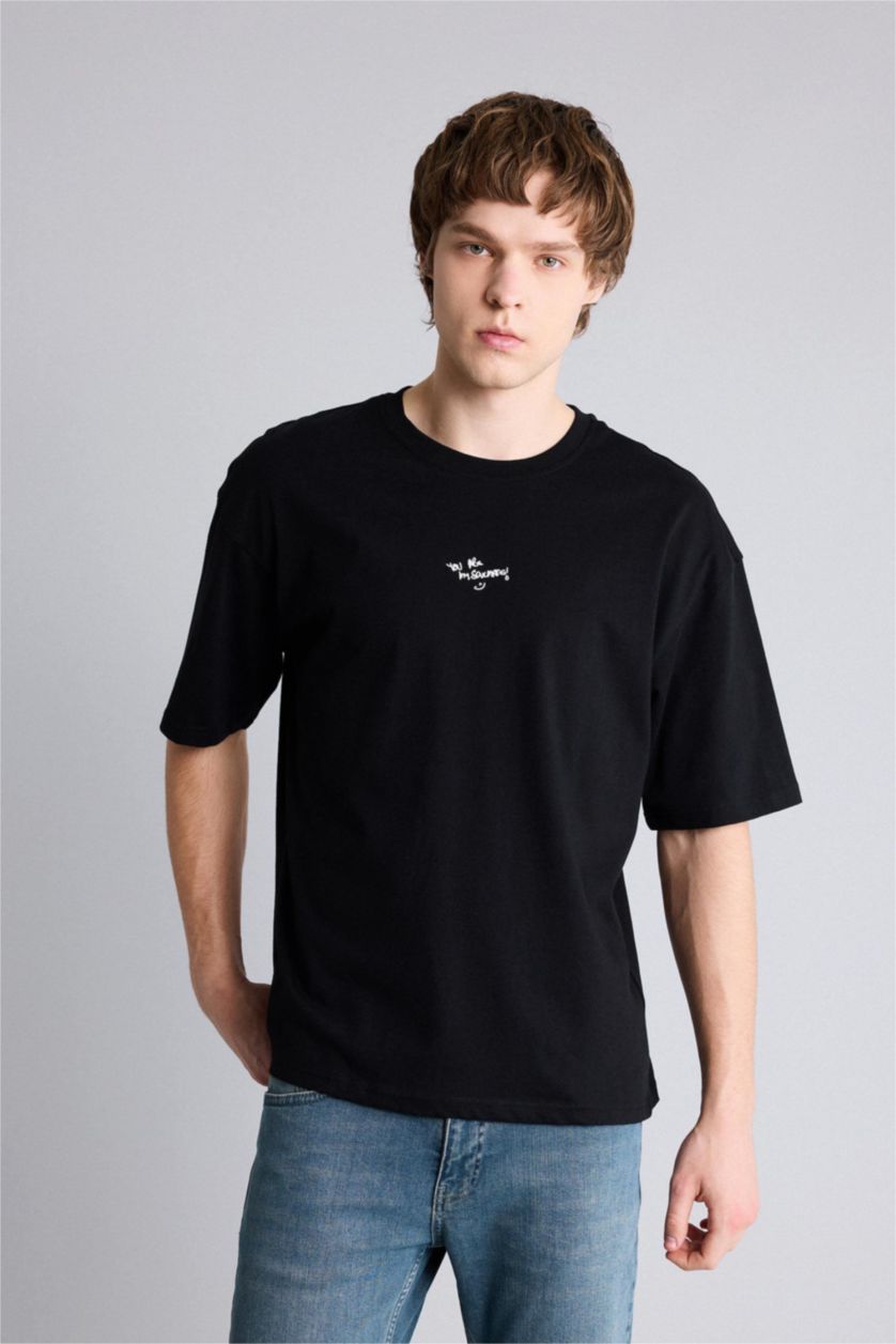 Erkek Siyah %100 Pamuk Boxy Fit Baskılı Tişört