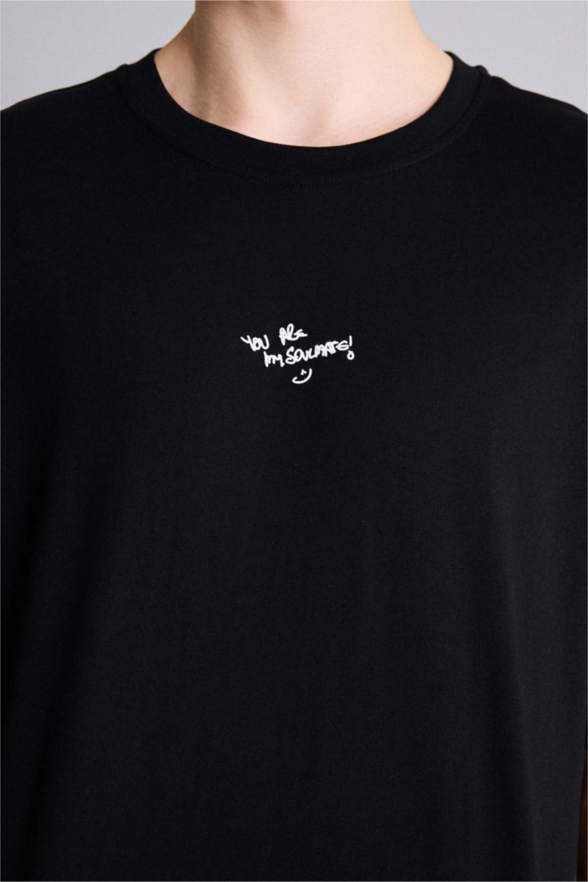 Erkek Siyah %100 Pamuk Boxy Fit Baskılı Tişört