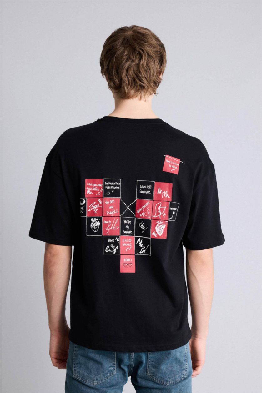 Erkek Siyah %100 Pamuk Boxy Fit Baskılı Tişört