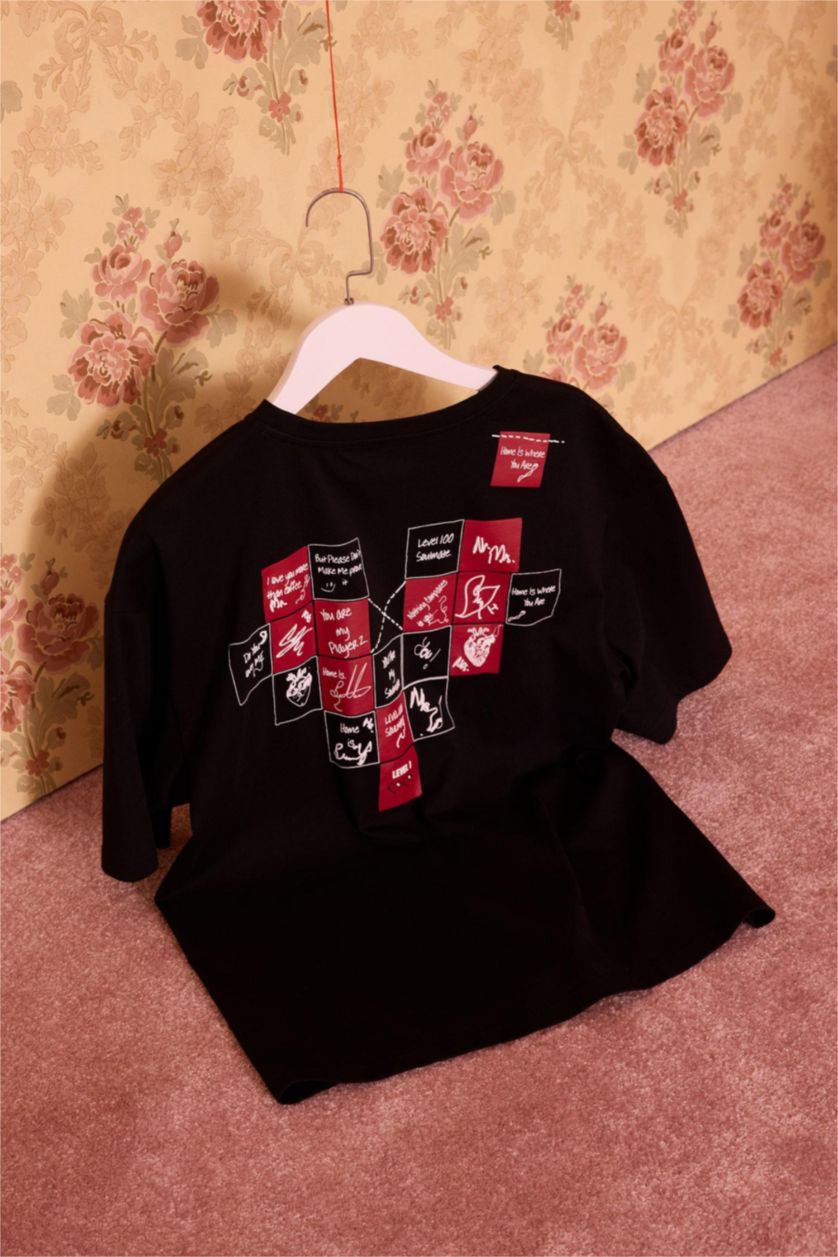 Erkek Siyah %100 Pamuk Boxy Fit Baskılı Tişört