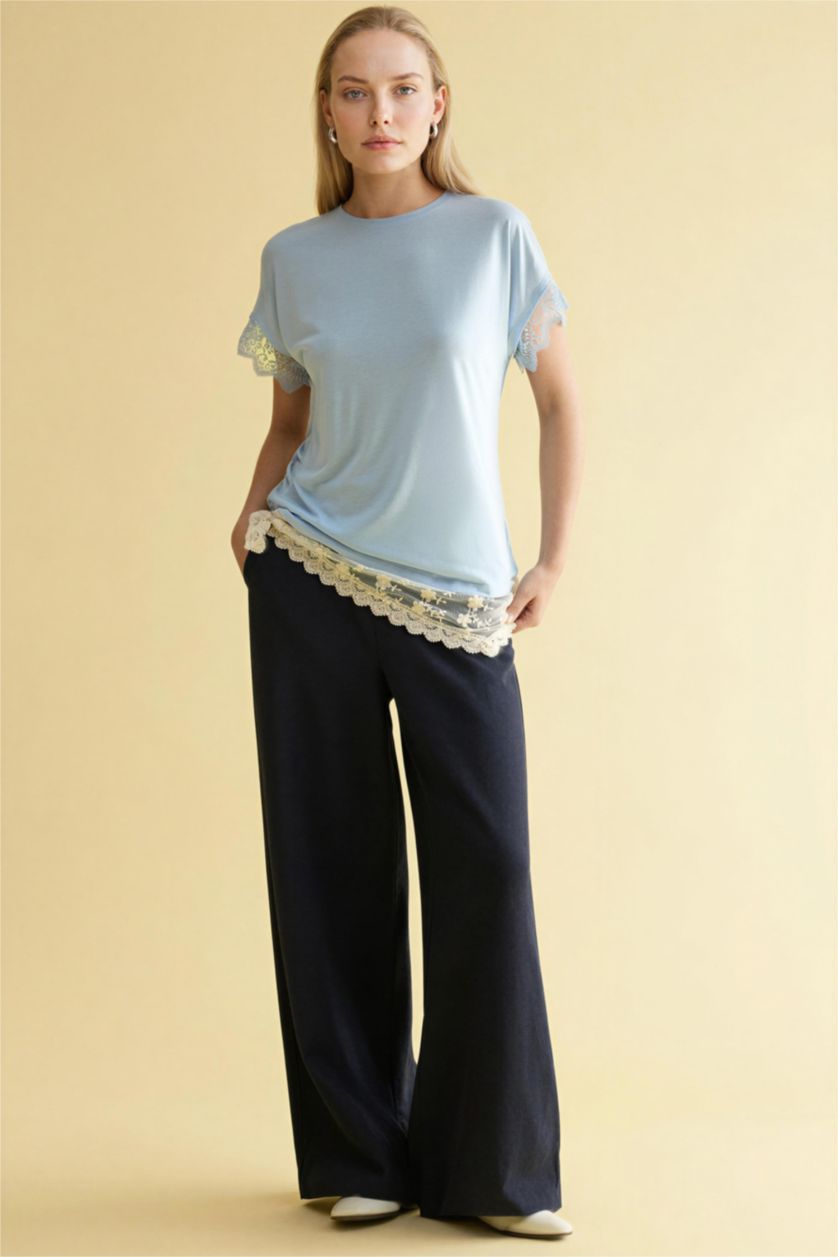 نساء أزرق فاتح تيشيرت نص كم وياخة مستديرة