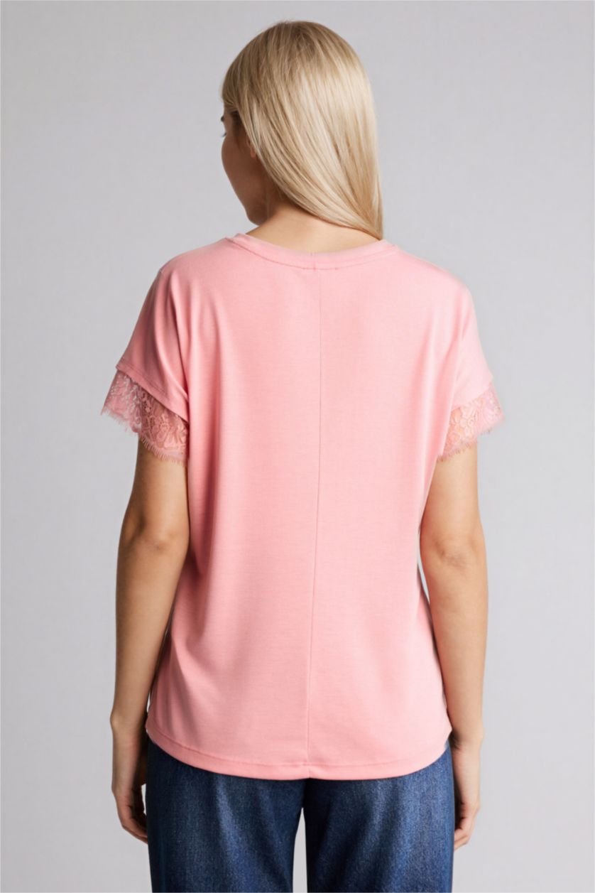 Kadın Gülkurusu Bisiklet Yaka Kısa Kollu Tişört