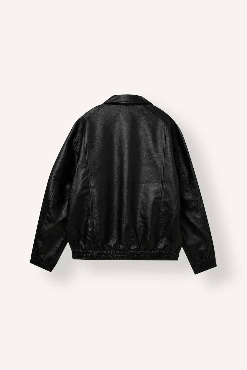 Men Black Oversize Faux Leather Polo Collar Zip-Up Jacket