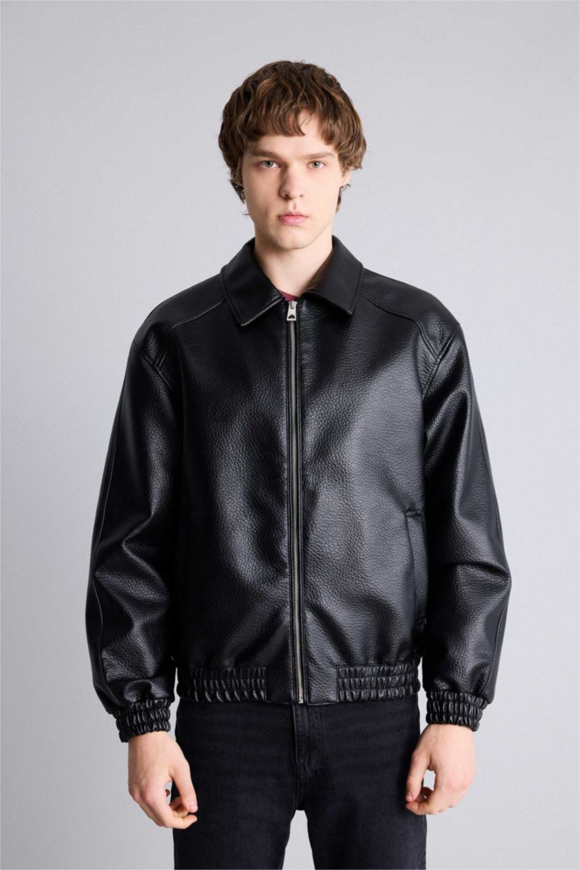 Man Black Oversize Fit Faux Leather Jacket