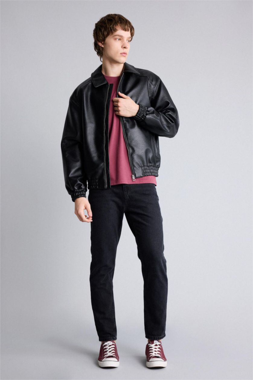 Man Black Oversize Fit Faux Leather Jacket