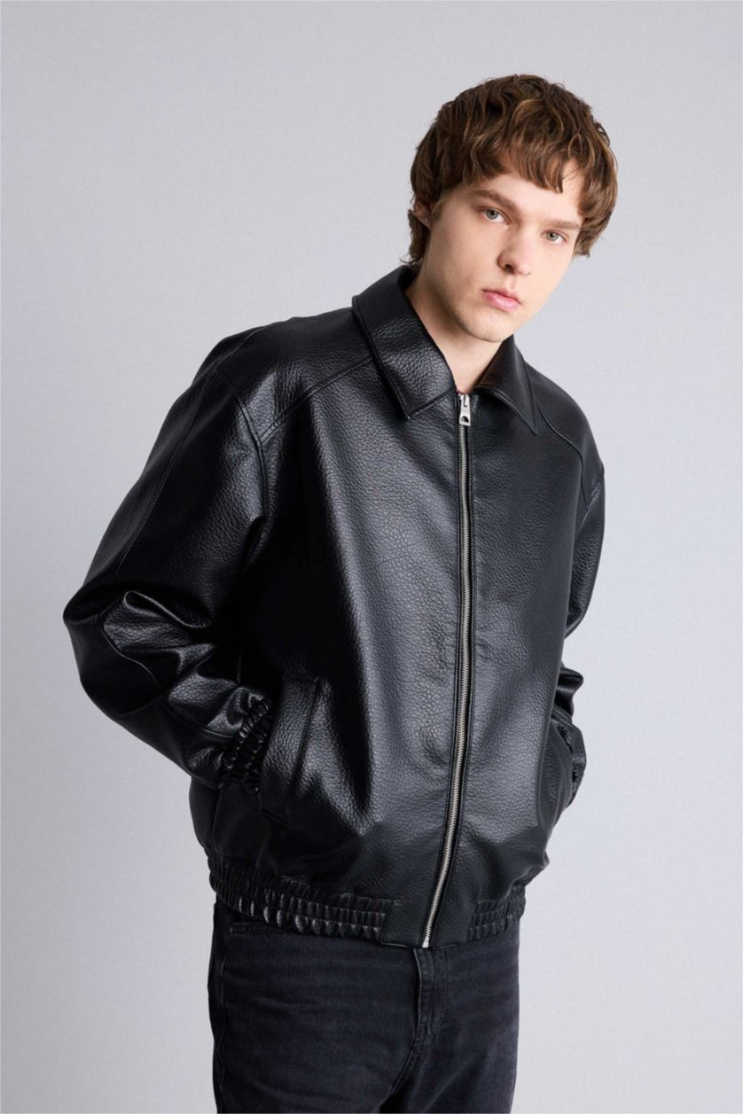Man Black Oversize Fit Faux Leather Jacket