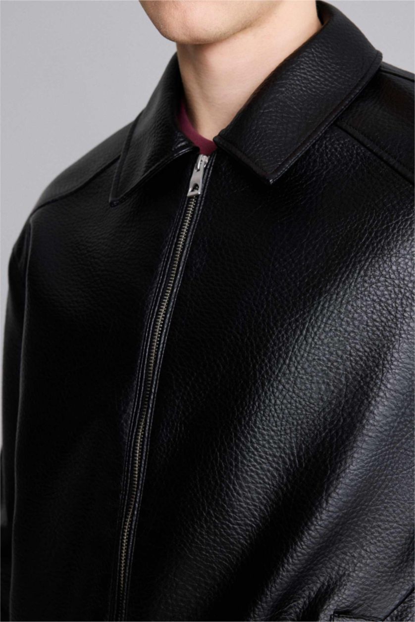 Man Black Oversize Fit Faux Leather Jacket