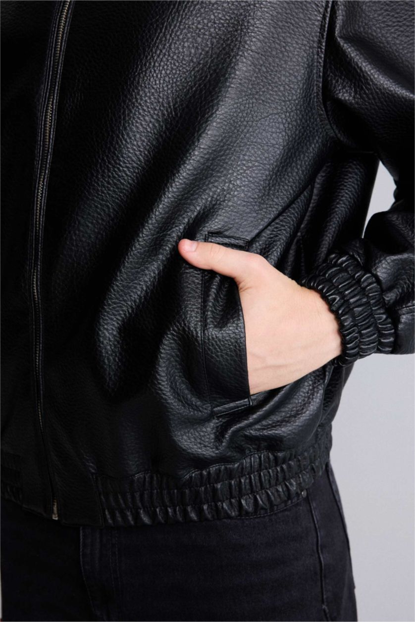 Man Black Oversize Fit Faux Leather Jacket