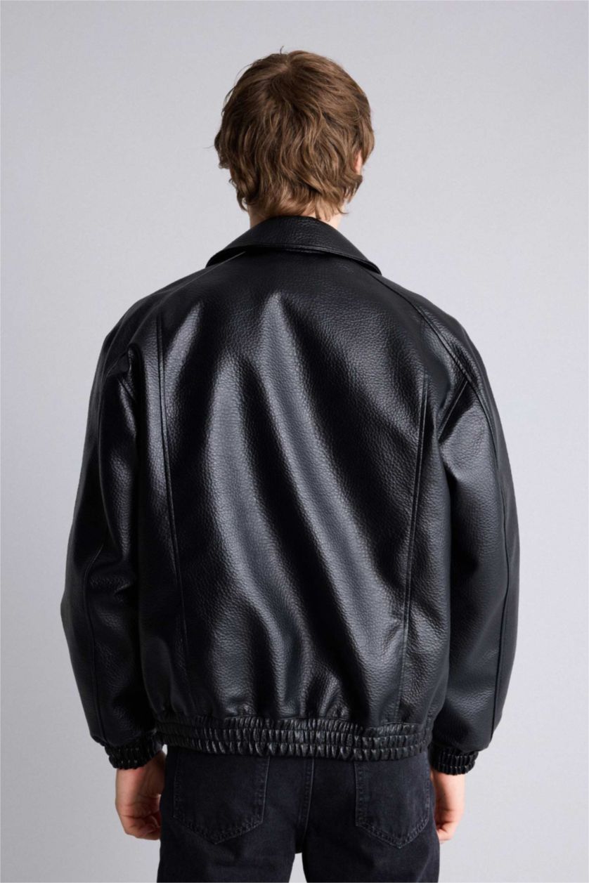 Man Black Oversize Fit Faux Leather Jacket