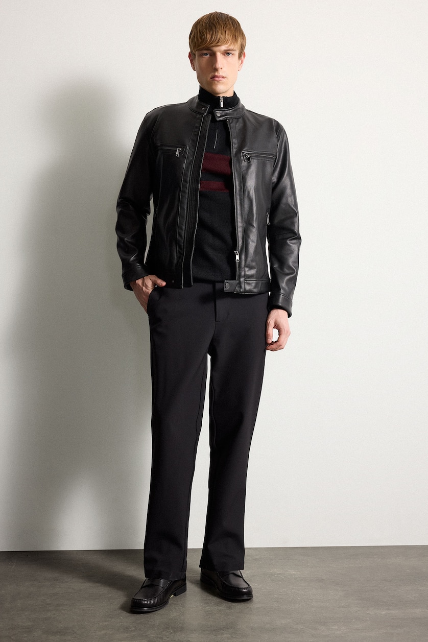 Men Black Zipper Faux Leather Jacket