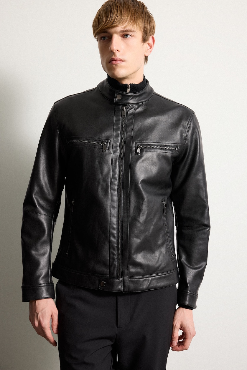 Men Black Zipper Faux Leather Jacket