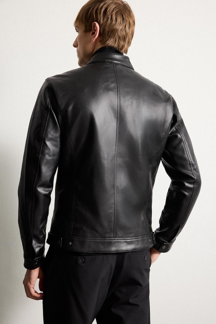 Men Black Zipper Faux Leather Jacket