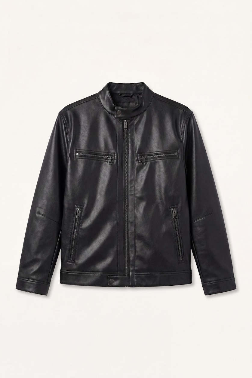 Men Black Zipper Faux Leather Jacket