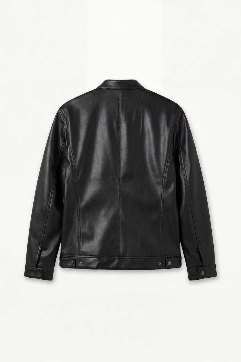 Men Black Zipper Faux Leather Jacket