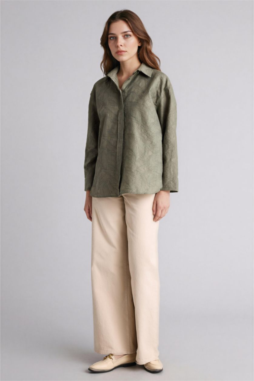 Kadın Açık Haki Regular Fıt Floral Uzun Kollu Tunik