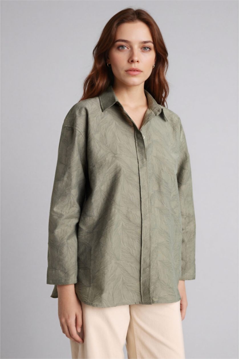 Kadın Açık Haki Regular Fıt Floral Uzun Kollu Tunik