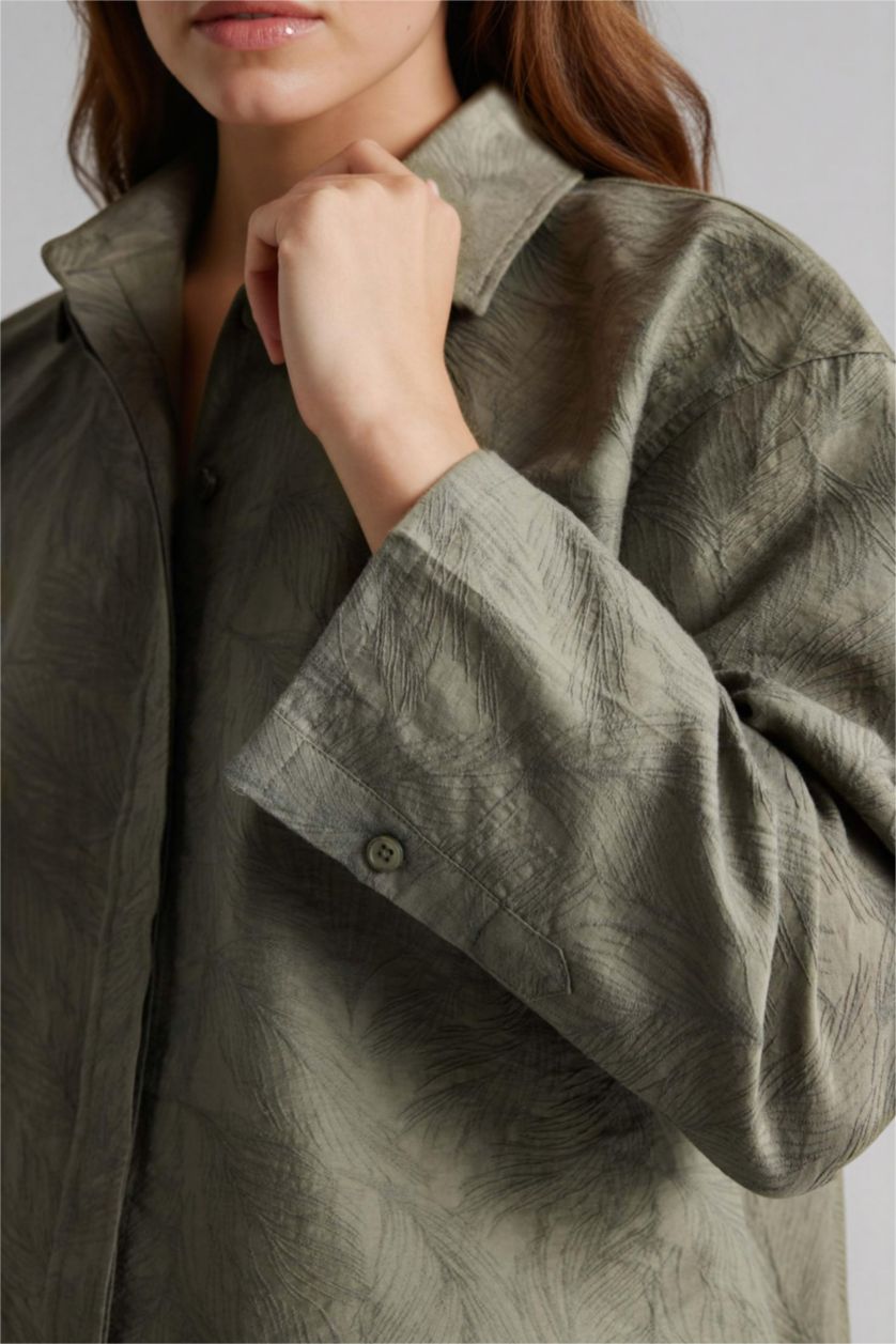 Kadın Açık Haki Regular Fıt Floral Uzun Kollu Tunik