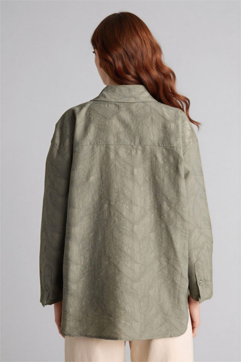 Kadın Açık Haki Regular Fıt Floral Uzun Kollu Tunik