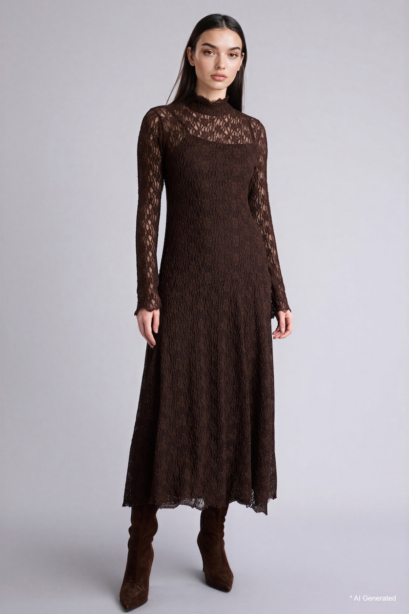 Women Brown Lace Midi Dress