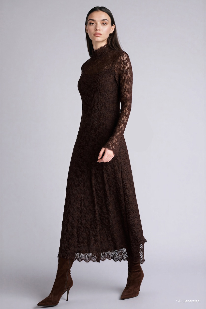 Women Brown Lace Midi Dress