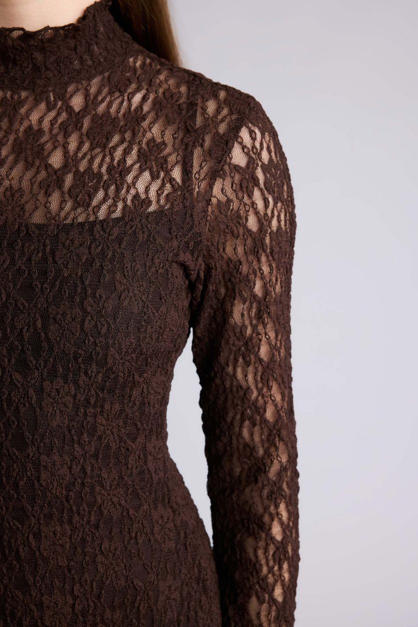 Kadın Kahve A Kesim Dantel Midi Elbise