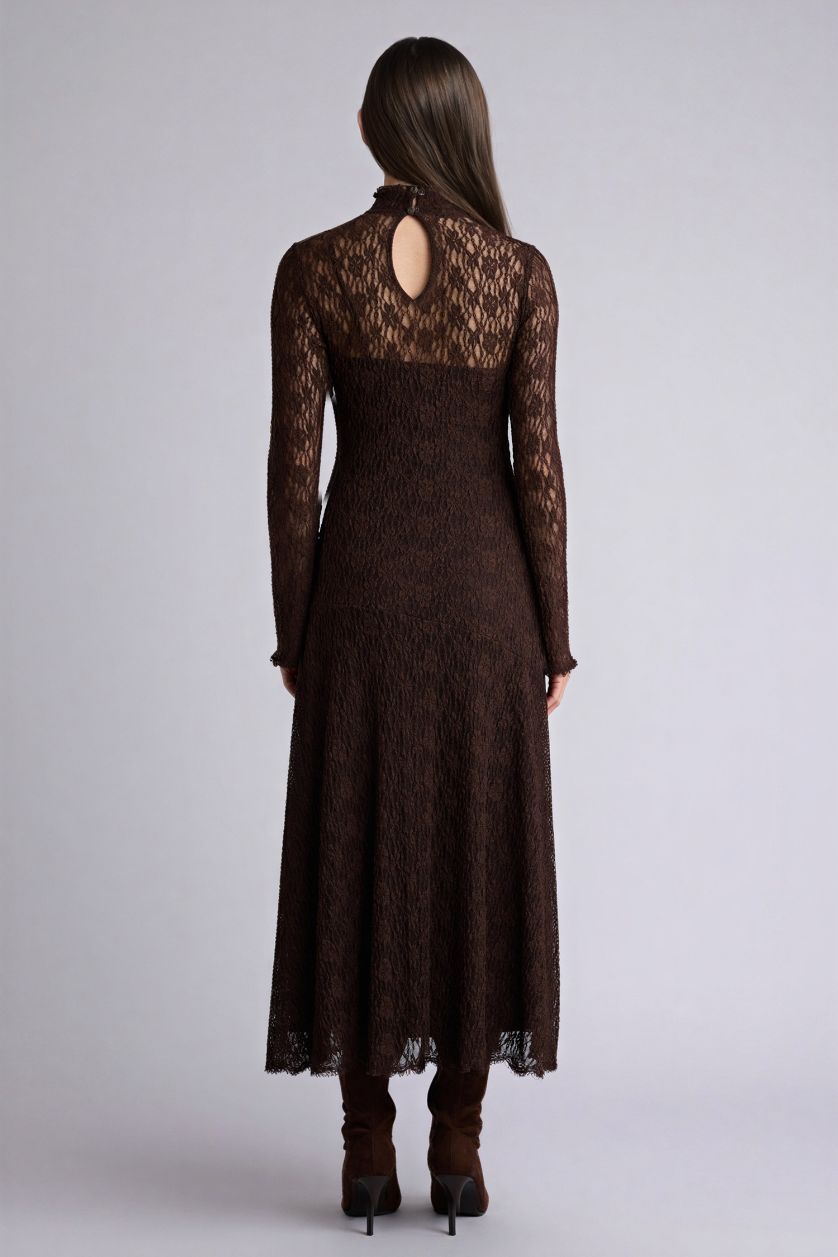 Kadın Kahve A Kesim Dantel Midi Elbise