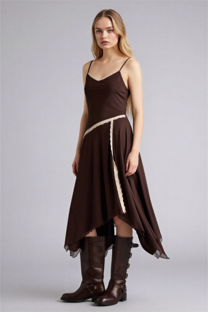 Woman Brown Asymmetric Heart Collar Tulle Midi Dress
