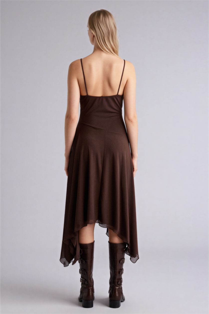 Woman Brown Asymmetric Heart Collar Tulle Midi Dress