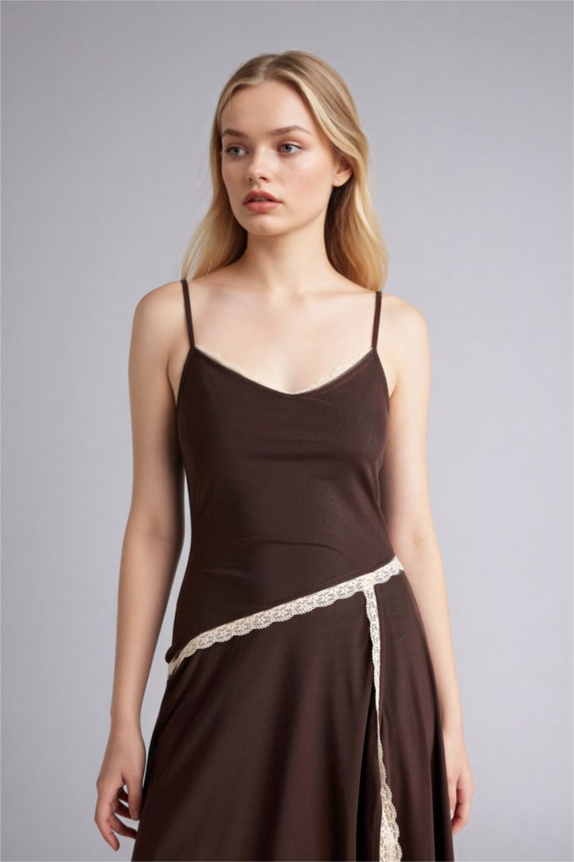 حريمي بني فستان ميدي تول غير متماثل بياقة قلب