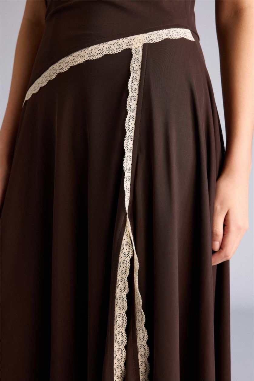 حريمي بني فستان ميدي تول غير متماثل بياقة قلب