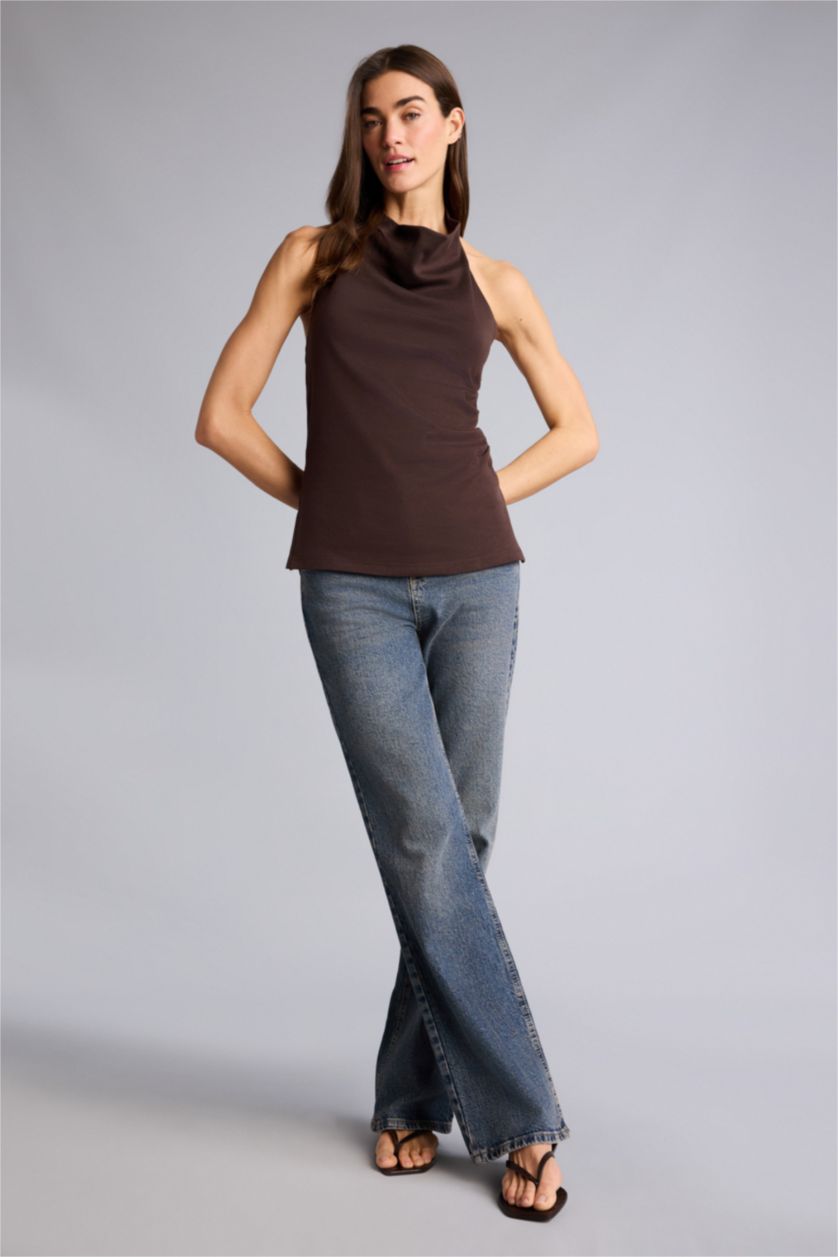 Женщины Коричневый Майка Slim Fit с воротником-халтер