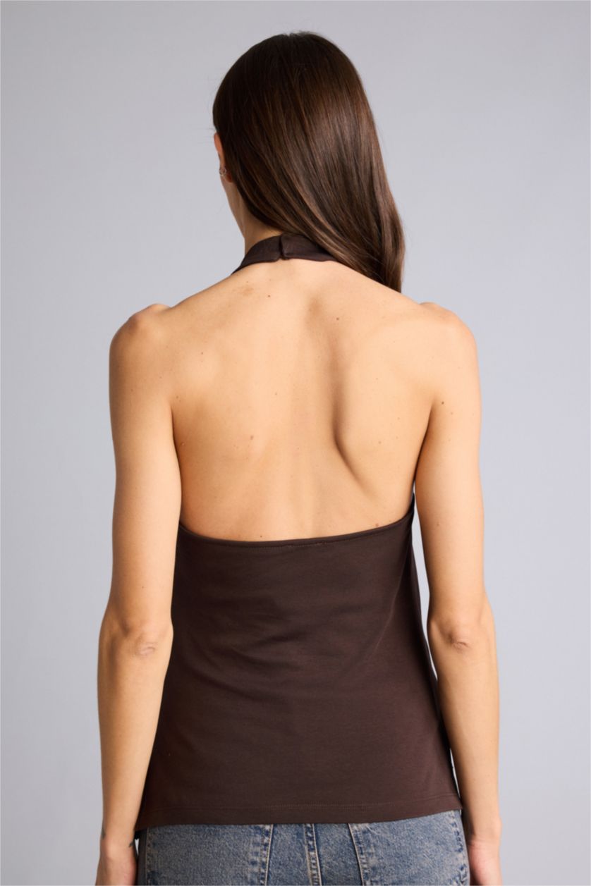 Женщины Коричневый Майка Slim Fit с воротником-халтер