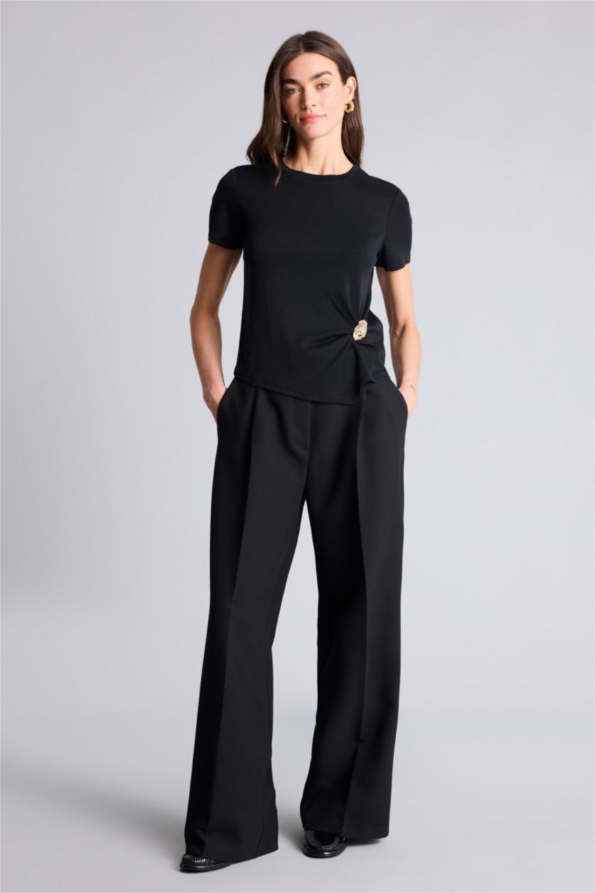 Женщины Черный Футболка Slim Fit в рубчик с круглым вырезом и коротким рукавом