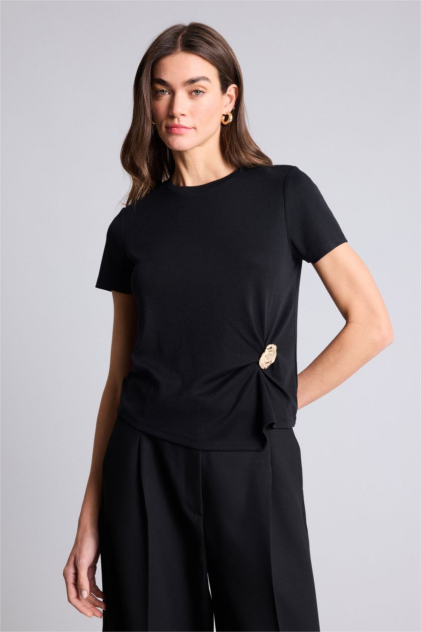 Женщины Черный Футболка Slim Fit в рубчик с круглым вырезом и коротким рукавом