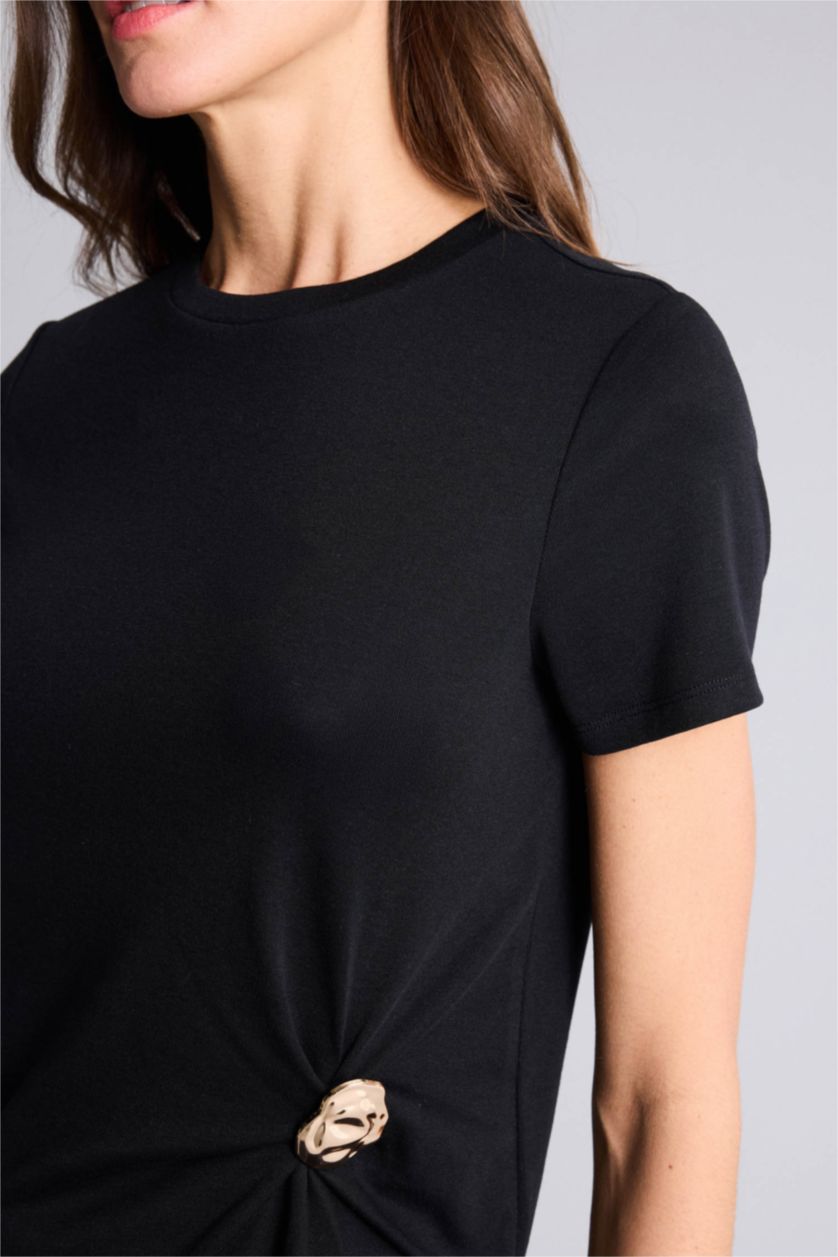 Женщины Черный Футболка Slim Fit в рубчик с круглым вырезом и коротким рукавом