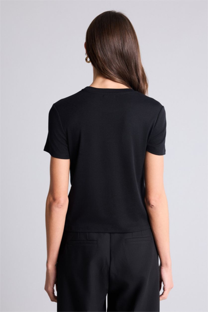 Женщины Черный Футболка Slim Fit в рубчик с круглым вырезом и коротким рукавом