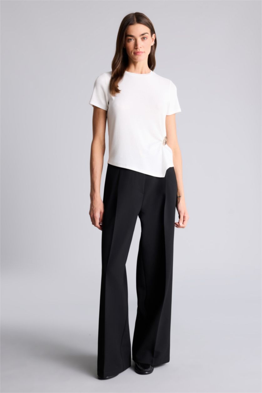 Женщины Бежевый Футболка Slim Fit в рубчик с круглым вырезом и коротким рукавом