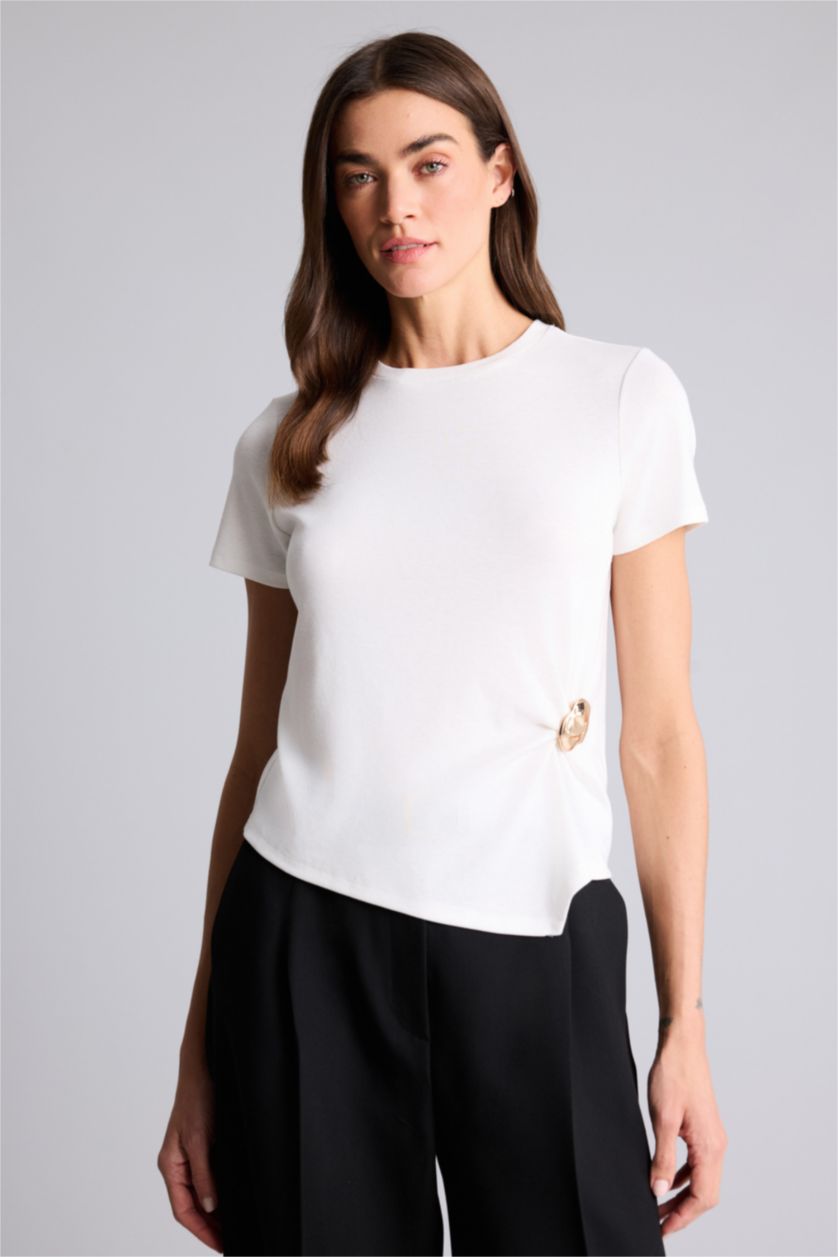 Женщины Бежевый Футболка Slim Fit в рубчик с круглым вырезом и коротким рукавом