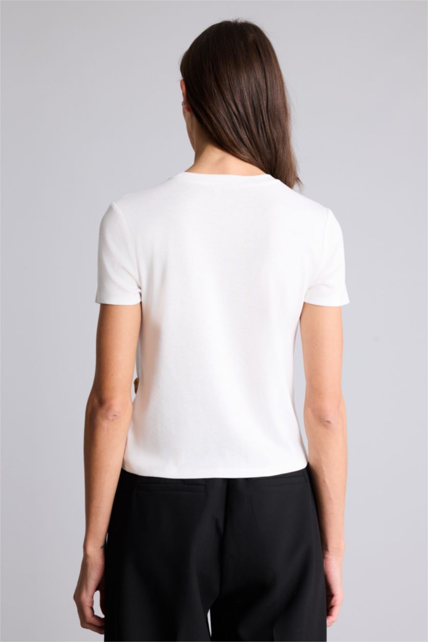 Женщины Бежевый Футболка Slim Fit в рубчик с круглым вырезом и коротким рукавом