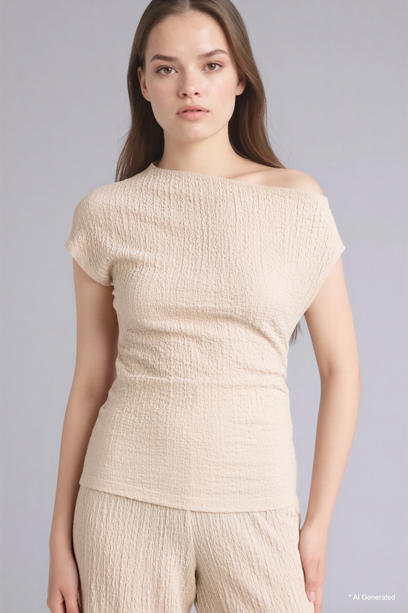 WOMAN Beige Slim Fit One Shoulder Short Sleeve T-Shirt