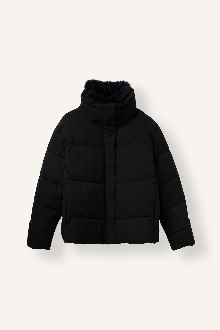 Kadın Siyah Regular Fit Kürk Yaka Şişme Mont