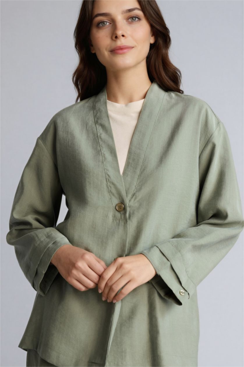 Kadın Haki Regular Fıt V Yaka Modal Kimono