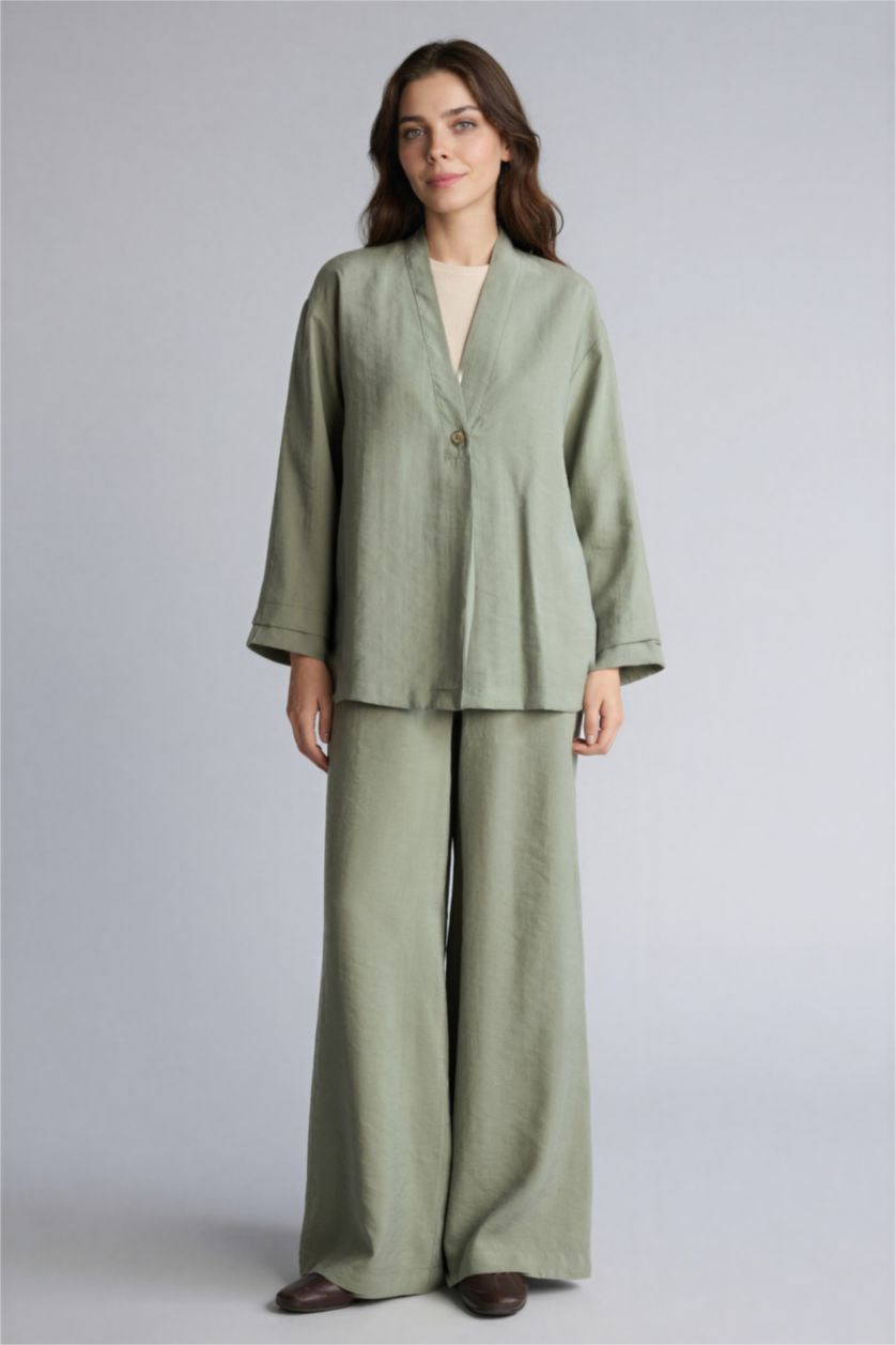 Kadın Haki Regular Fıt V Yaka Modal Kimono