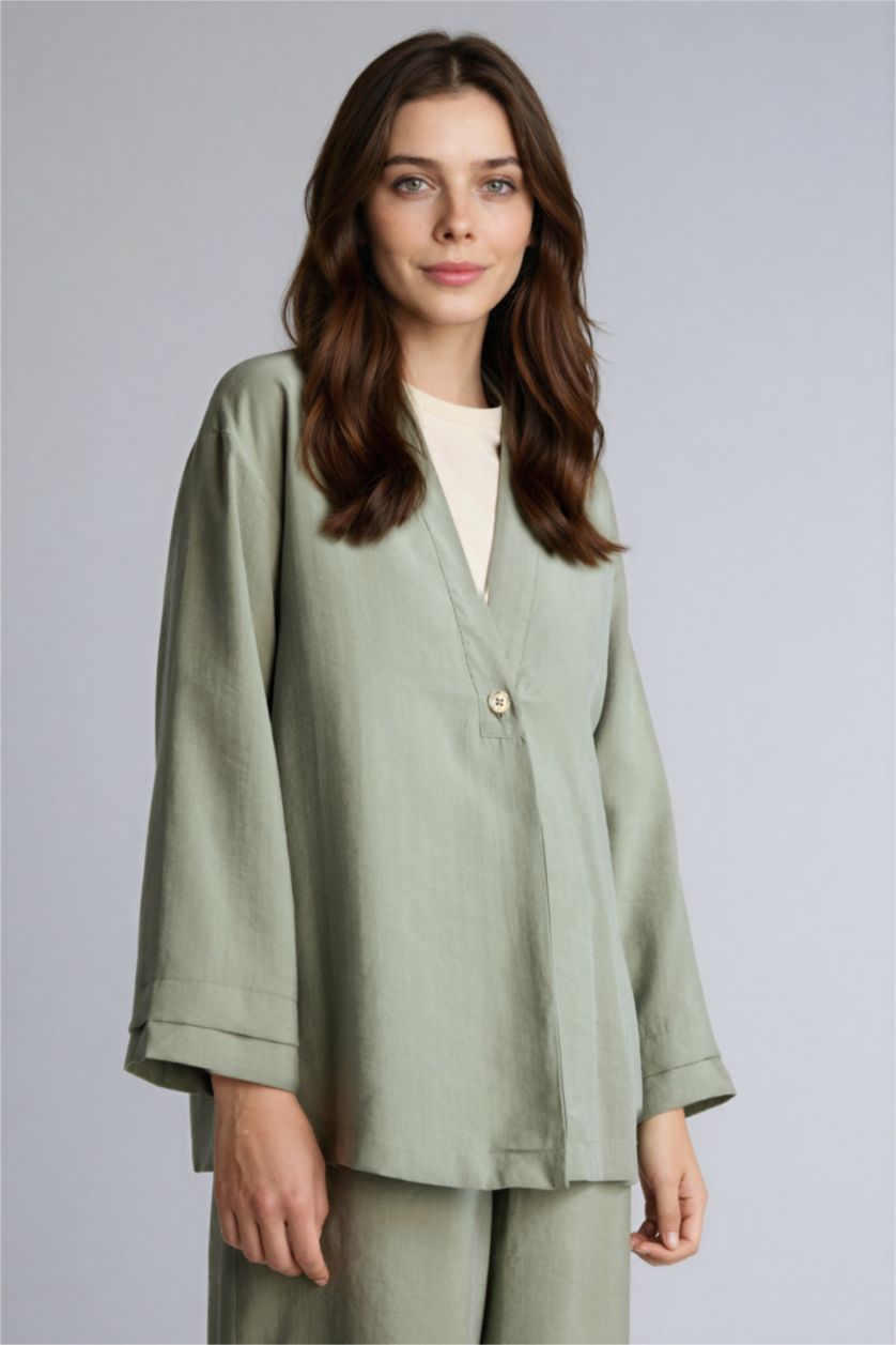 Kadın Haki Regular Fıt V Yaka Modal Kimono