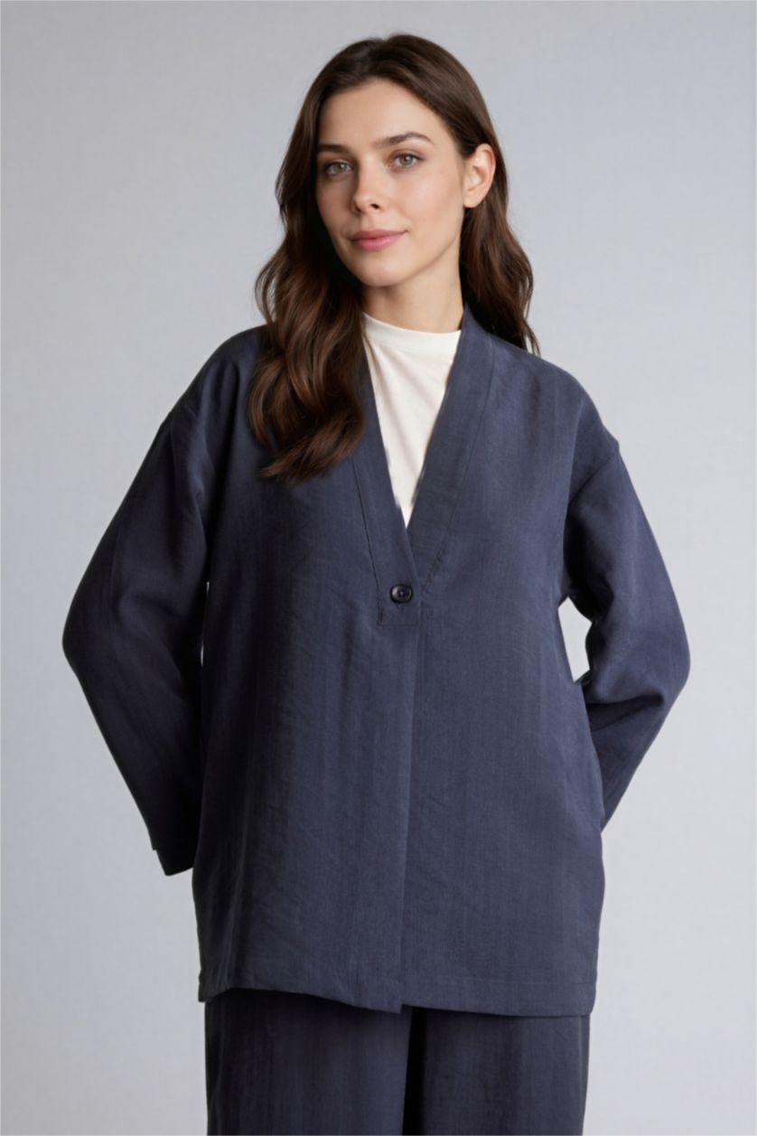 Kadın Lacivert Regular Fıt V Yaka Modal Kimono