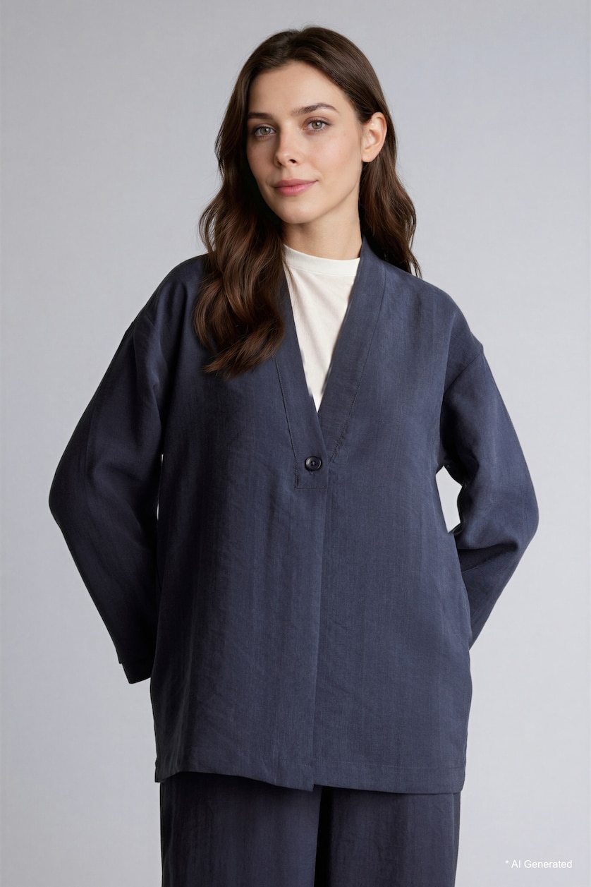 Kadın Lacivert Regular Fıt V Yaka Modal Kimono