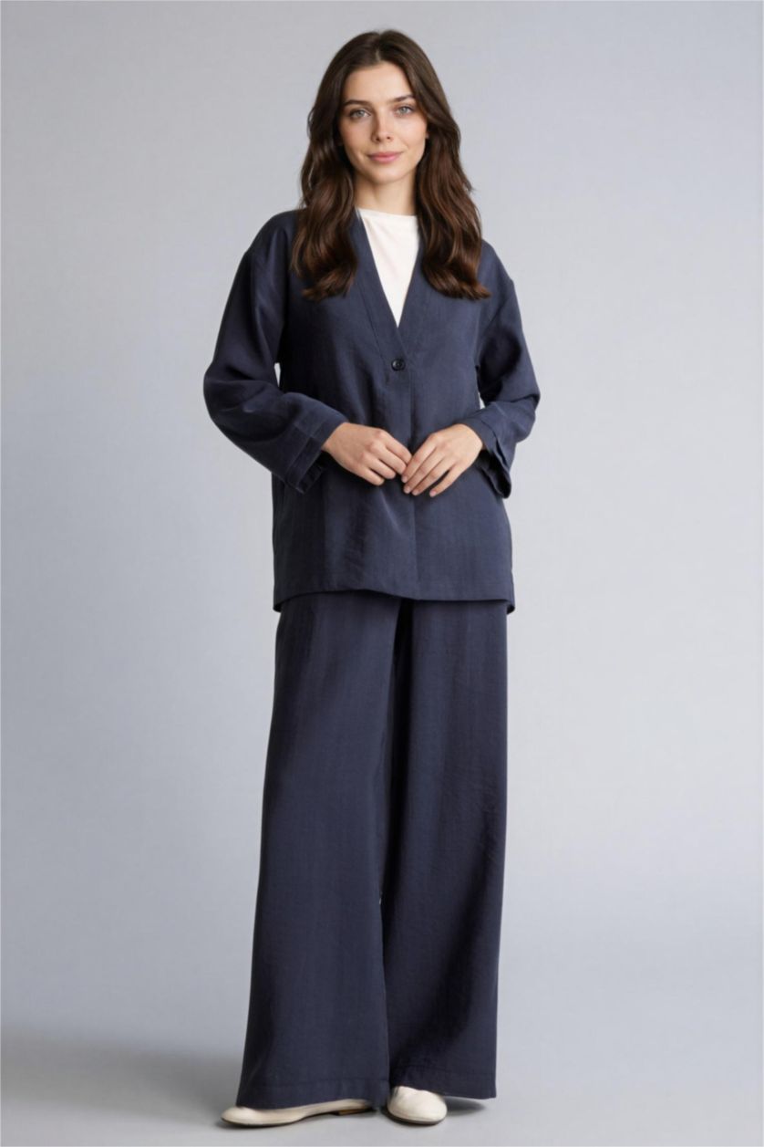 Kadın Lacivert Regular Fıt V Yaka Modal Kimono