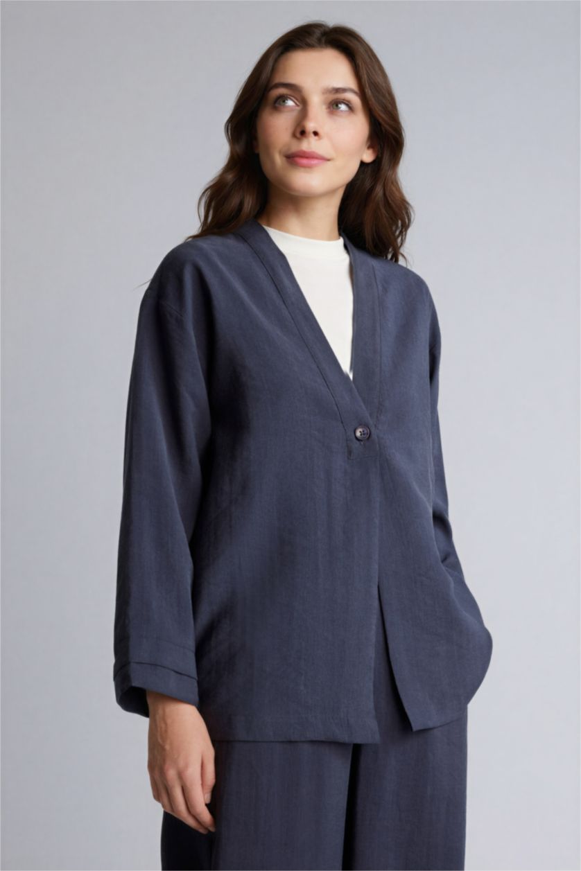 Kadın Lacivert Regular Fıt V Yaka Modal Kimono