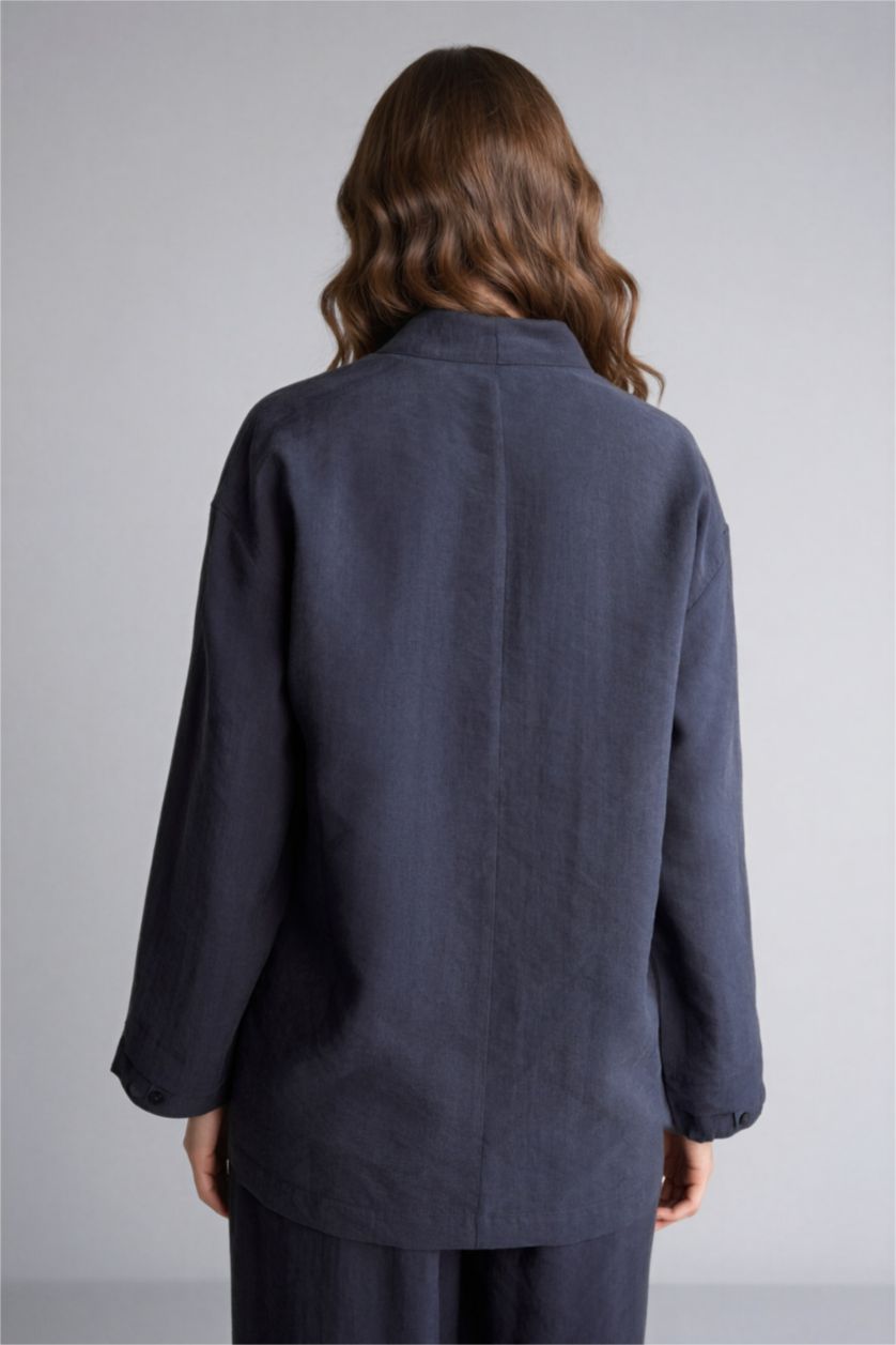 Kadın Lacivert Regular Fıt V Yaka Modal Kimono