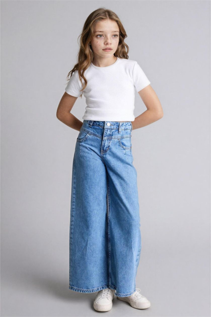 Kız Çocuk - Genç Kız Mavi Wıde Leg Jean Pantolon Kız Çocuk